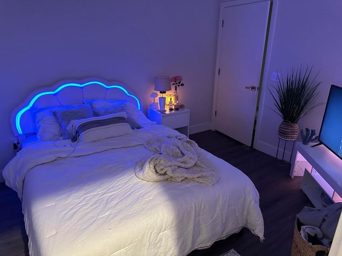 A bedroom featuring an LED headboard, bedside table, TV stand, and decorative plants, all hinting at contemporary home decor.