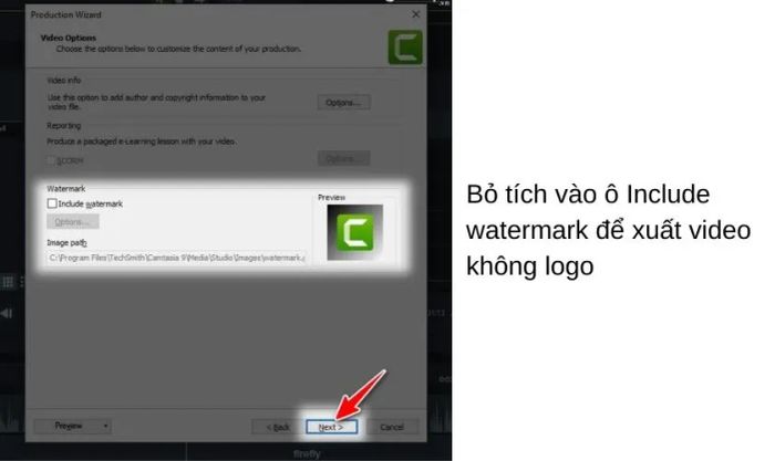 Bỏ chọn ô 'Include watermark'.