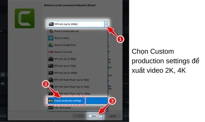 Thiết lập các tùy chọn cho sản xuất video tùy chỉnh