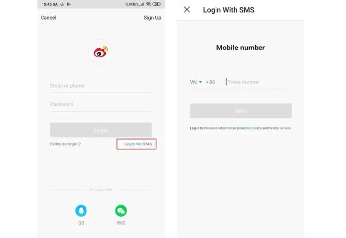 chọn Login via SMS