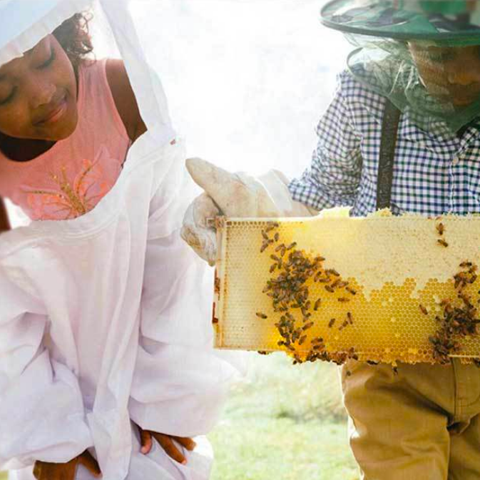 Two children, dressed in protective gear, working with honeycomb.