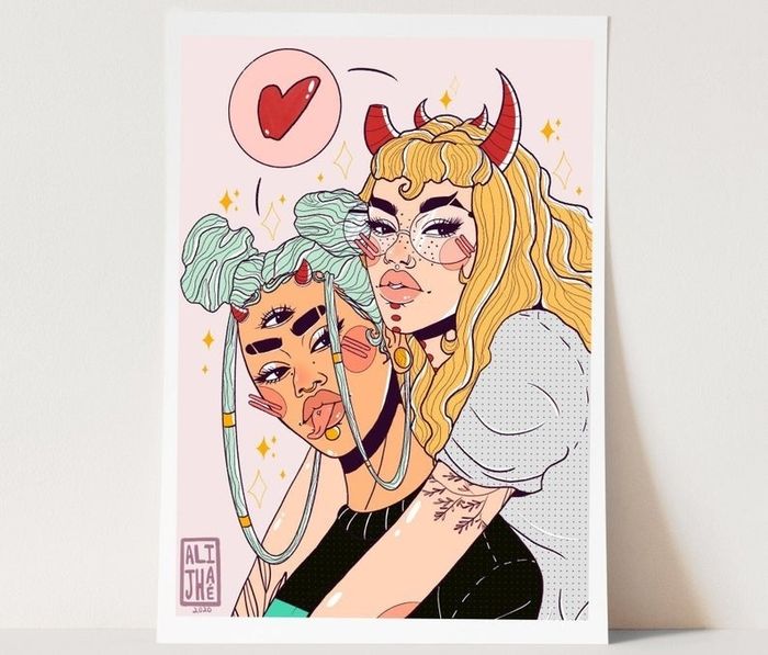 A graphic-style illustration featuring a couple adorned with horns, tattoos, hearts, and a third eye, packed with intricate details.