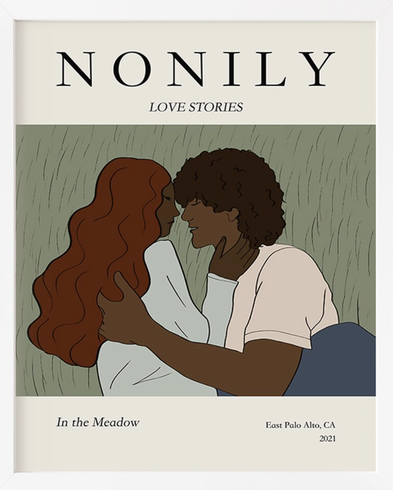 An illustration of a couple embracing, about to share a kiss, set in a meadow.