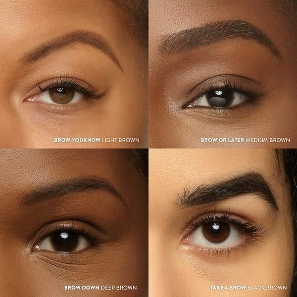 Four individuals proudly showcasing their eyebrows after using the product, each with unique shapes and shades.