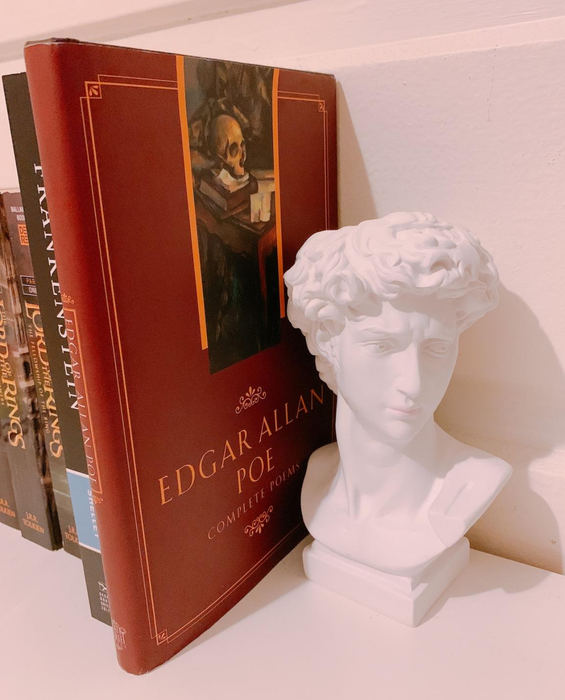 A reviewer’s David bust being used as a bookend.