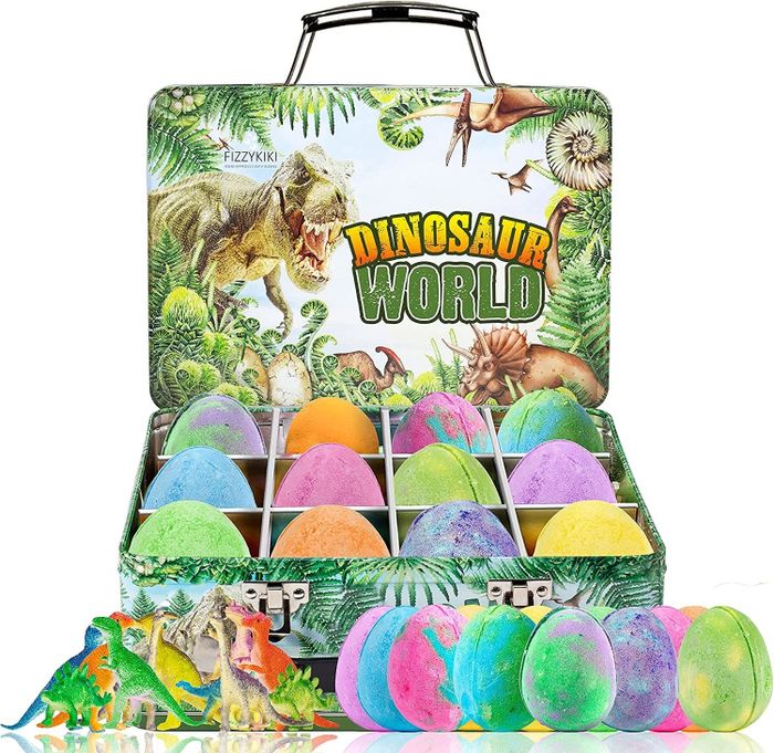 Dinosaur bath bombs neatly packed in a carrying case.
