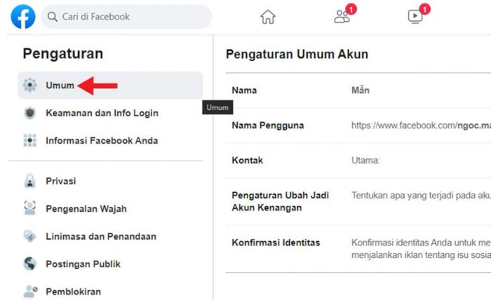 Chọn mục Umum để tiếp cận giao diện đổi tên Facebook của bạn.