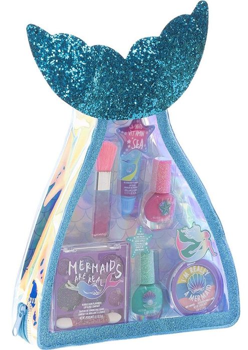 A shimmering blue mermaid-shaped makeup set.