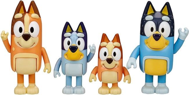 Figures of Bluey, her little sister Bingo, and their parents, Chilli and Bandit.