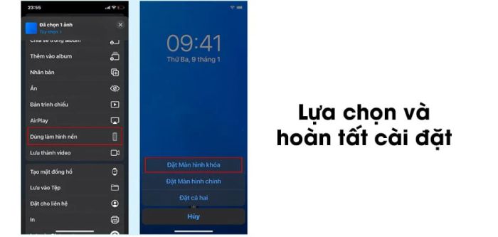 Bước 4: Chọn “Dùng làm hình nền”, nhấn “Thiết lập”, sau đó chọn “Đặt màn hình khoá” để hoàn thành.