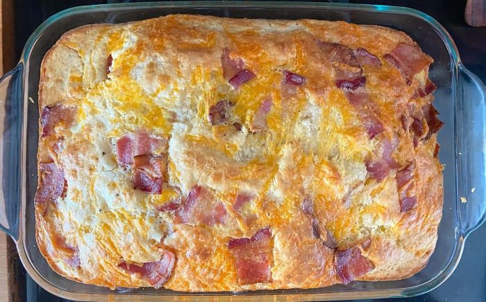 A freshly baked bacon, egg, and cheese pancake casserole, ready to serve.