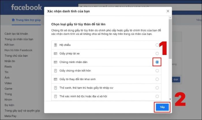 Lựa chọn loại giấy tờ tùy thân và nhấn vào Tiếp