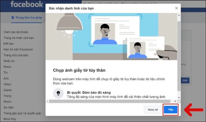 Nhấn vào Tiếp để tiếp tục