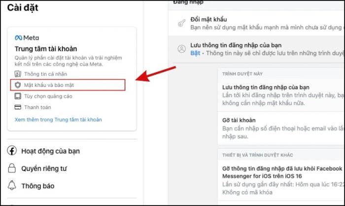 Nhấn vào mục Mật khẩu và Bảo mật