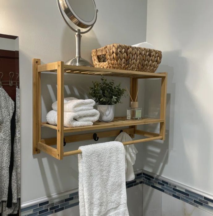 A reviewer’s bamboo bathroom shelf