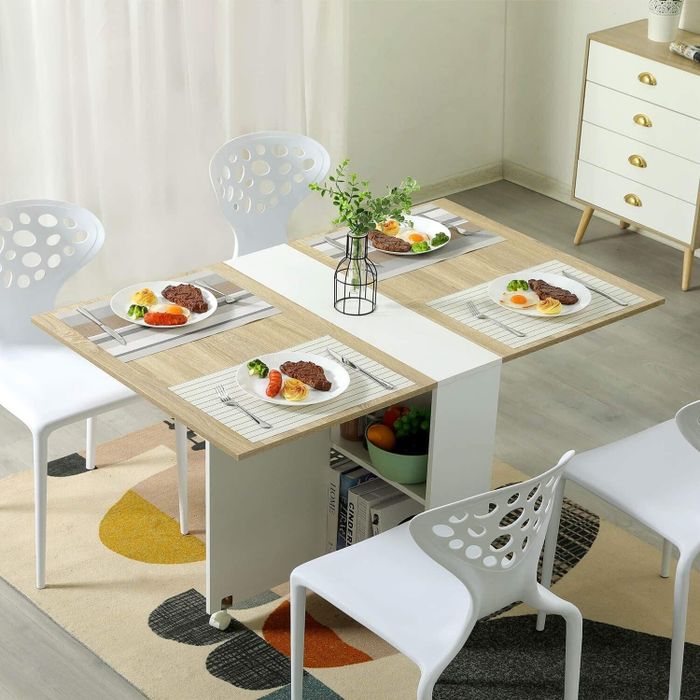 The table fully extended to accommodate four people.