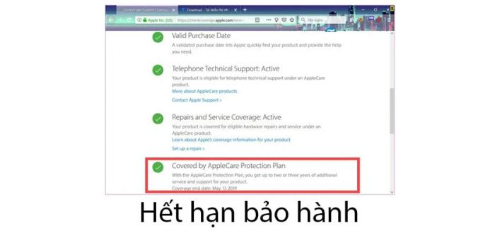Hãy chú ý đến dòng Coverage end date để xác định thời hạn bảo hành của Macbook.