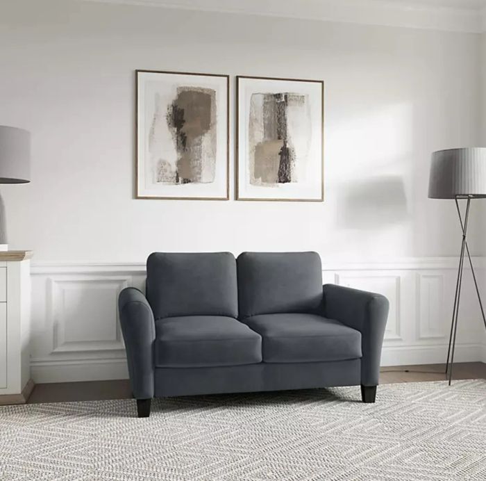 teardrop-arm loveseat in a chic grey tone
