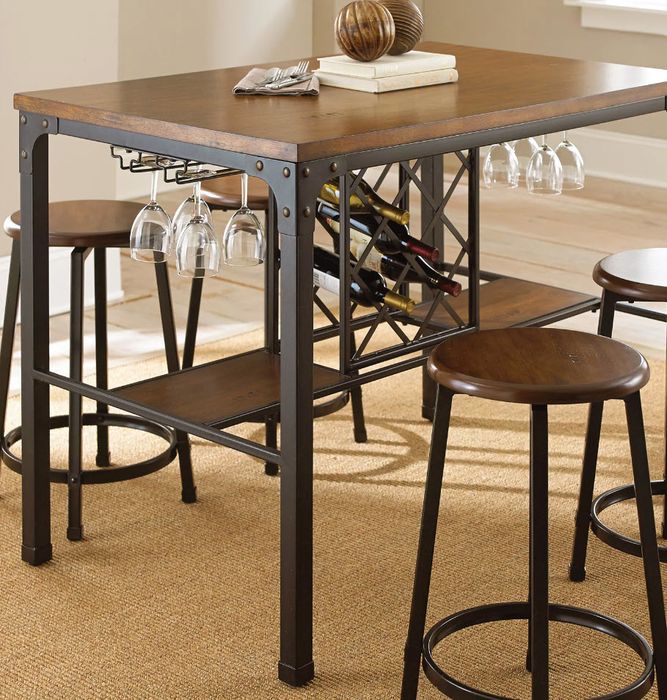 A stylish wooden dining set complete with four stools and a convenient wine bar storage area beneath the table.