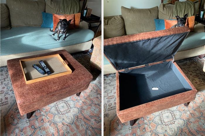 A collage of reviewer photos featuring a coffee table ottoman with its lid lifted, showcasing its ample storage space.