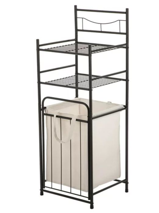 A laundry basket and shelf combo for the bathroom.