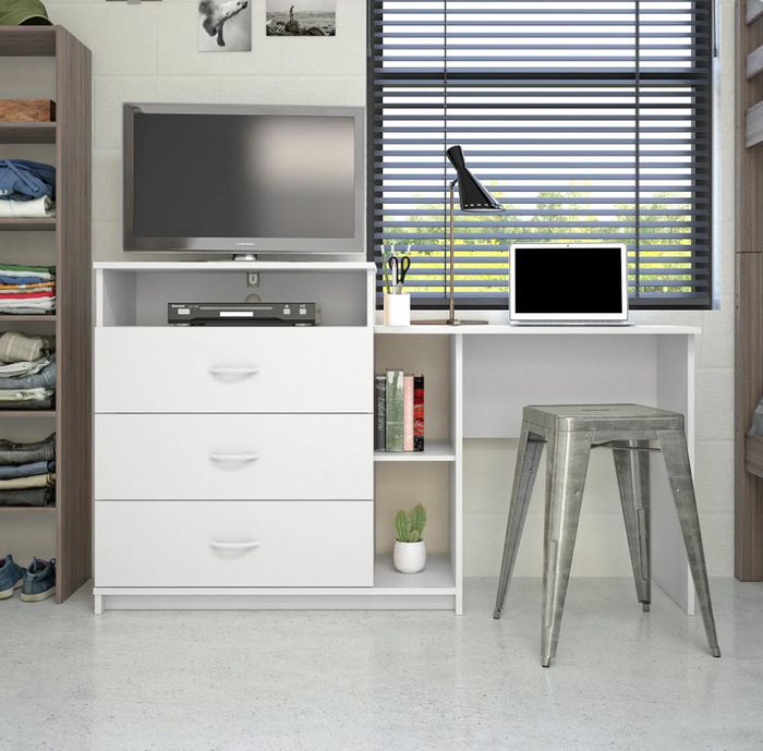 A white shelf, drawer, and desk set that combines functionality with style.