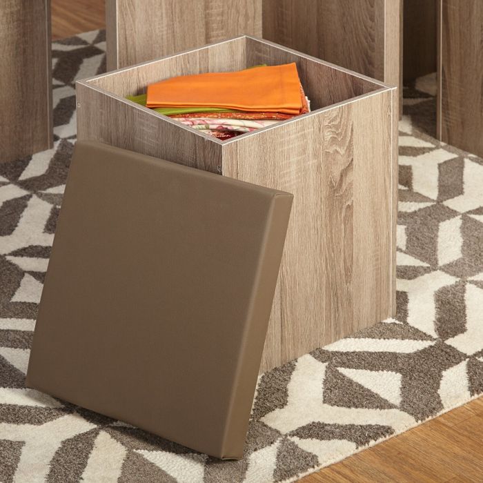 One of the stools with the top removed, revealing the spacious storage compartment beneath.
