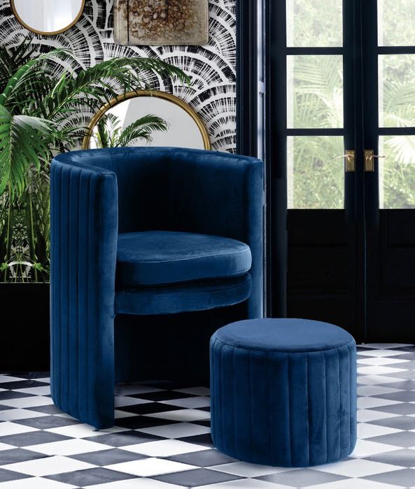 barrel navy blue velvet chair with ottoman