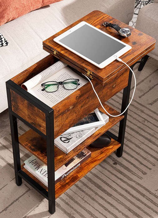 The same table with the flip-top opened, revealing the hidden storage compartment.