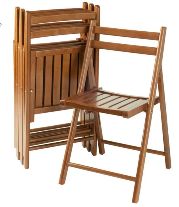 A set of foldable polished wood chairs.