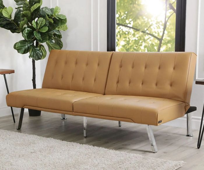 A foldable sofa bed in camel, ideal for adding warmth and style to any space.