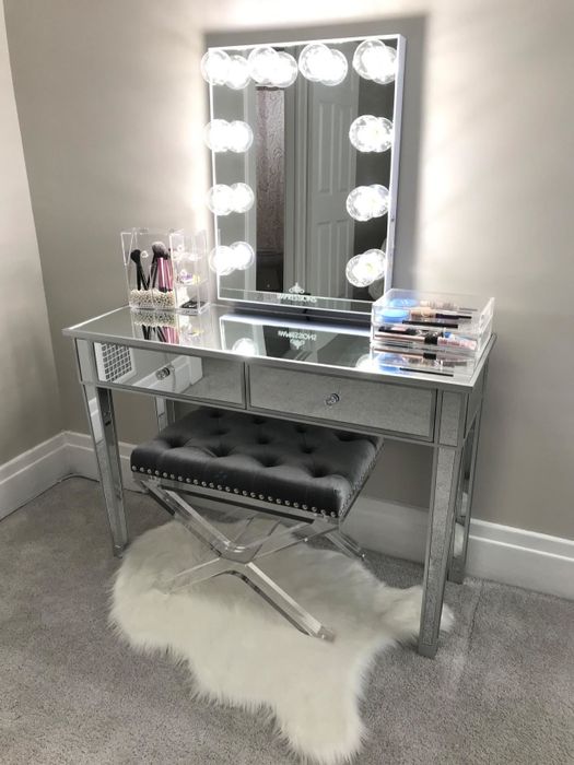 A reviewer's desk/console table used as a vanity in their home.