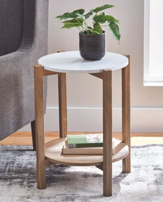 white marble side table with light brown wooden legs