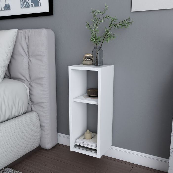 A white floating nightstand featuring an open design with two spacious shelves