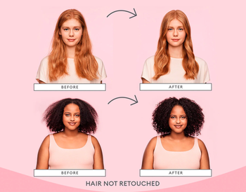 Before-and-after images showcasing reduced frizz and enhanced definition on two models' hair.