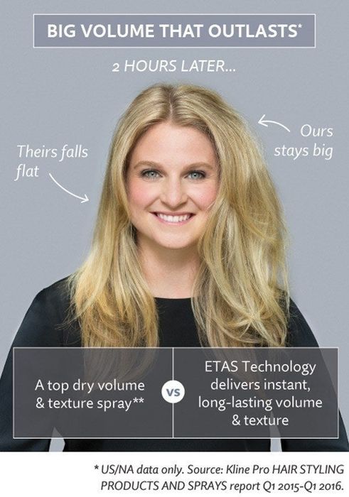 A model with one side of their hair styled using the product, demonstrating how voluminous it becomes.