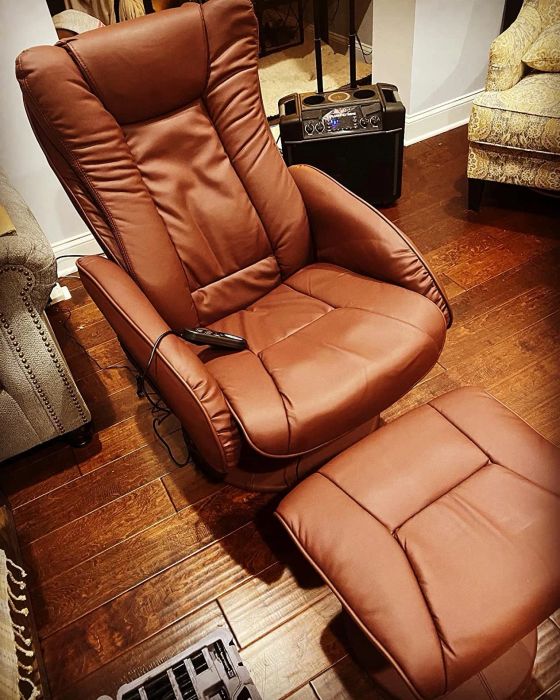 A different reviewer's brown chair and ottoman seen from the front