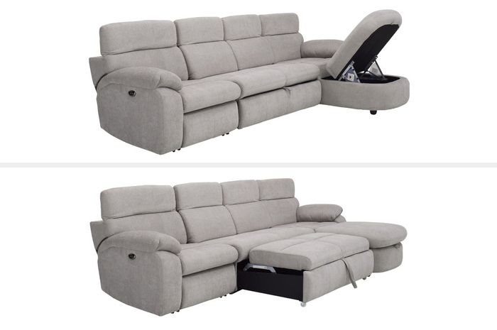 A top-bottom collage of the sectional couch, highlighting the storage chaise and sleeper sofa features.