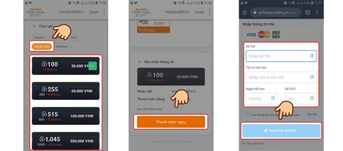 Hướng dẫn nạp thẻ qua Credit Card