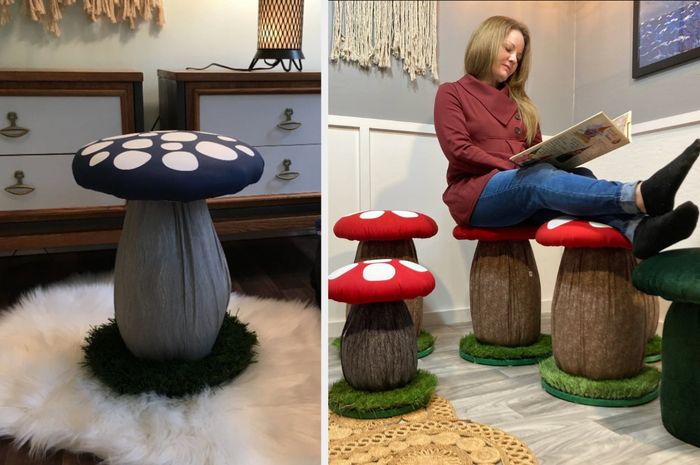 A navy blue and white spotted mushroom-shaped stool resting on a fluffy white carpet, with a model sitting on the stool dressed in red, white, and brown next to other stools of various lengths.