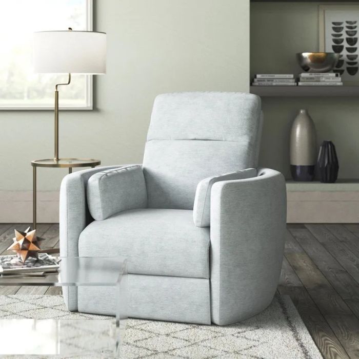 the light blue polyester recliner shown in an upright seated position
