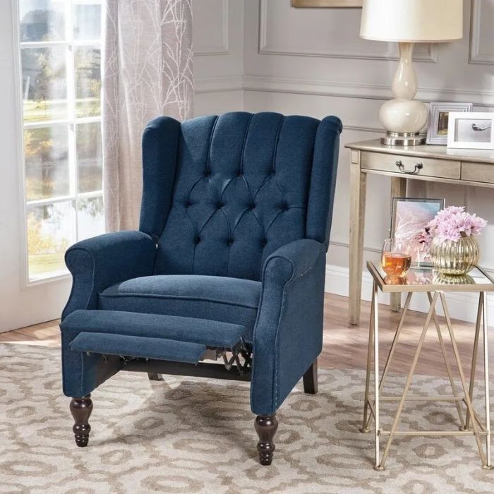 the blue recliner shown in a reclined position