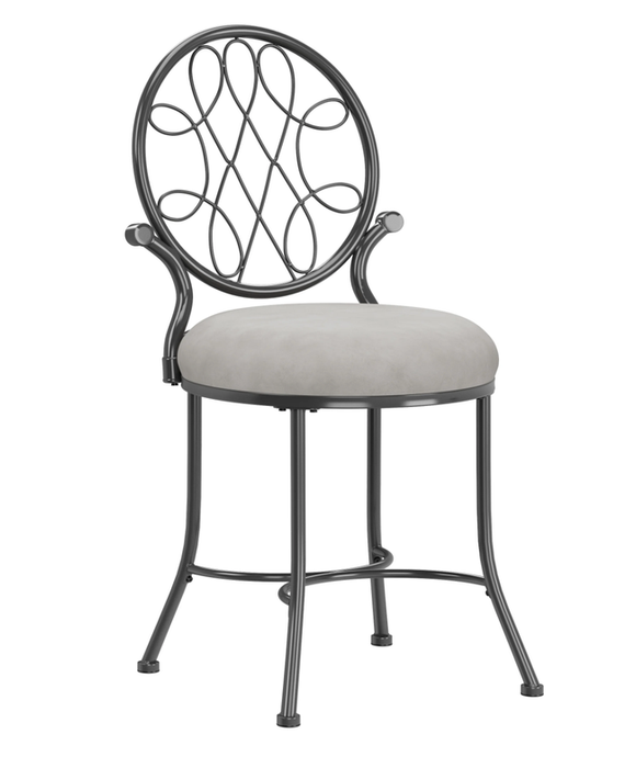 Gray metallic chair with a light gray seat cushion and looped backrest on a white background.