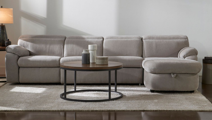 A lifestyle photo of a gray sectional couch.