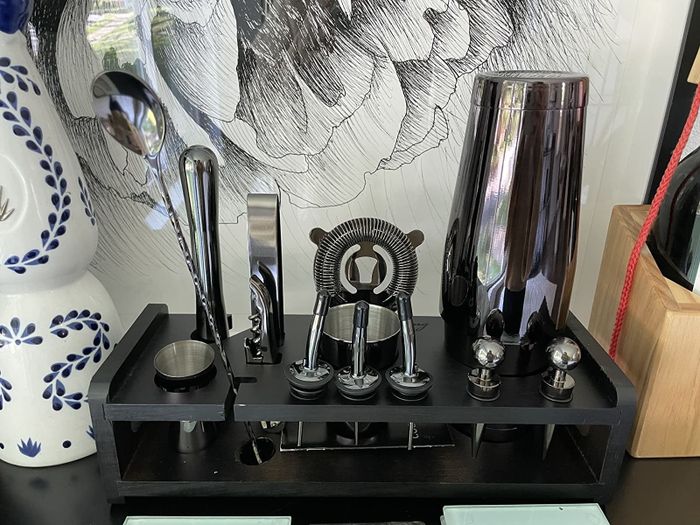 A reviewer's bar set displayed, ready for cocktail hour.