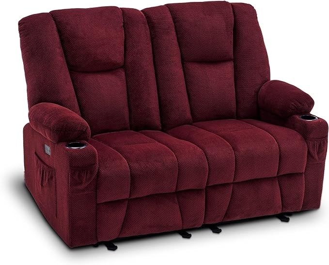A double recliner featuring plush cushioning and convenient cup holders in the armrests, designed to maximize comfort.