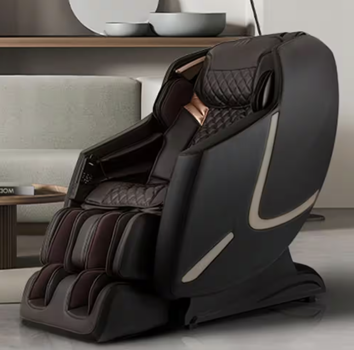 A luxurious reclining massage chair with soft padding and a contemporary design, placed in a chic living room. Perfect for those seeking comfort and style