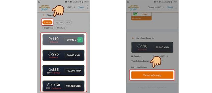 Cách thức nạp thẻ Tốc Chiến qua Zalo Pay