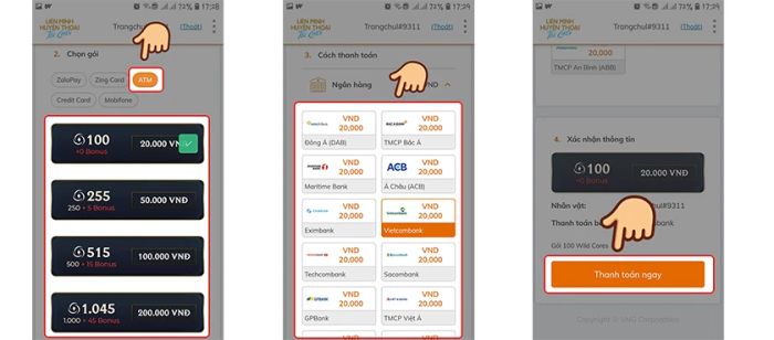 Hướng dẫn nạp thẻ Tốc Chiến qua ATM