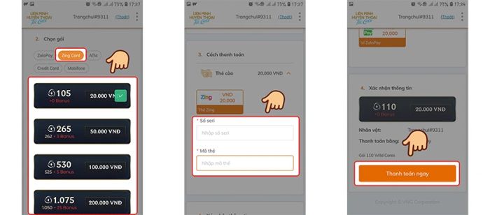 Cách nạp thẻ Tốc Chiến qua Zing Card